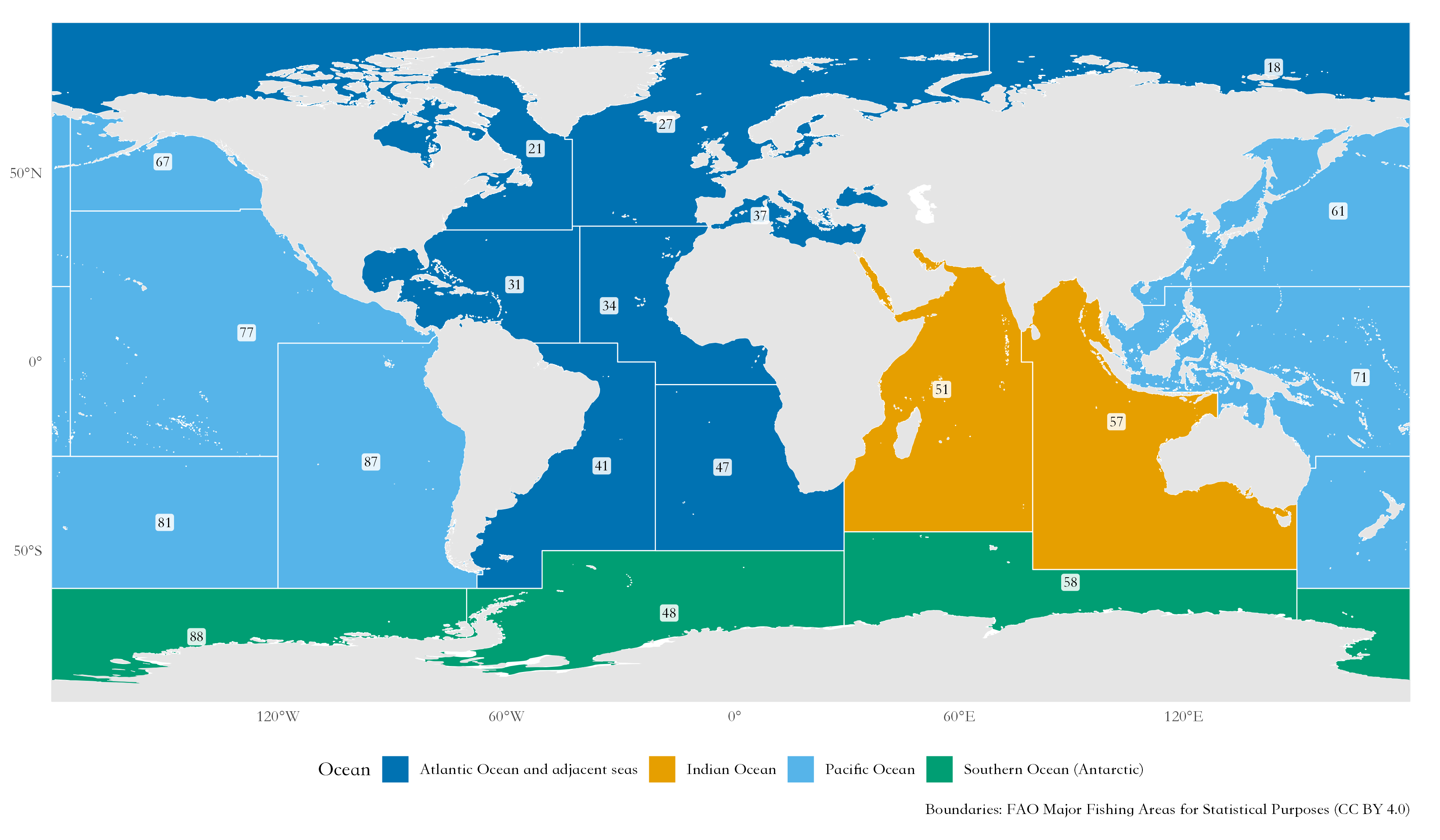 The 19 FAO major marine fishing areas, labelled with their codes
